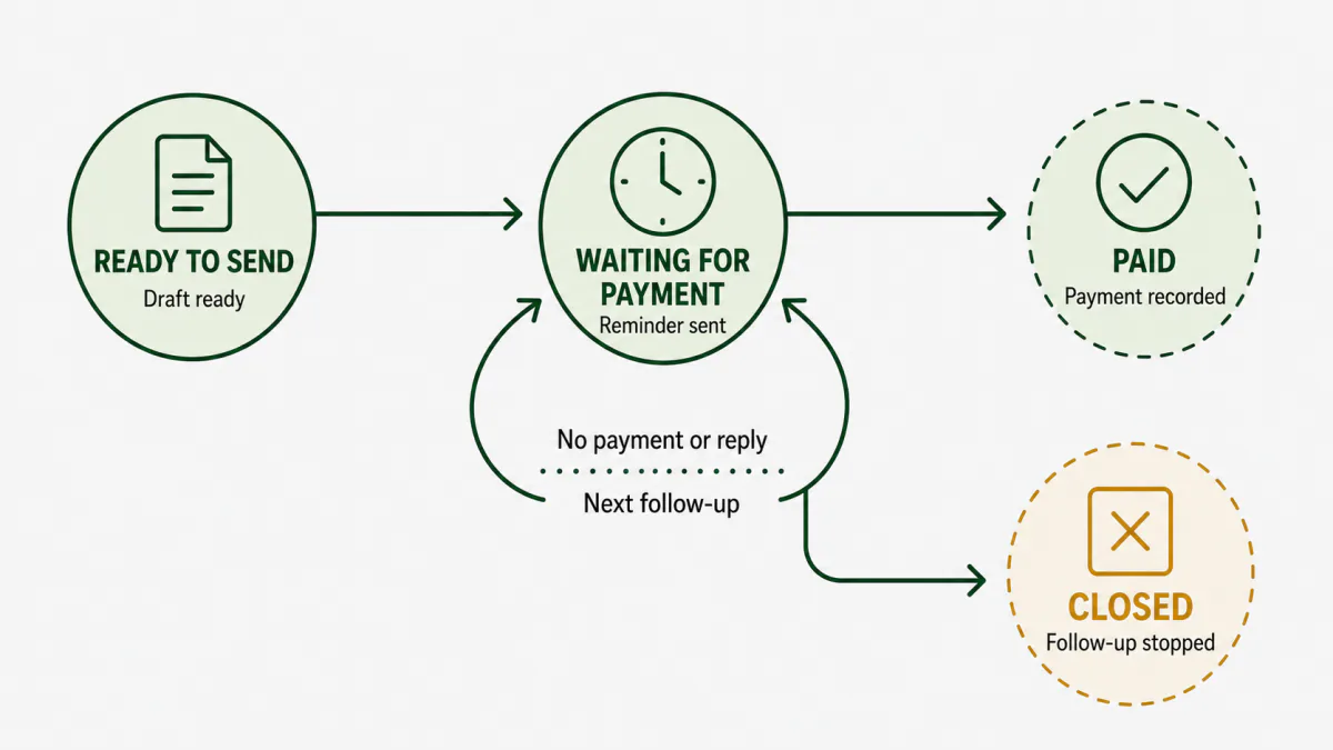 Invoice lifecycle from ready to send through waiting for payment to paid or closed.